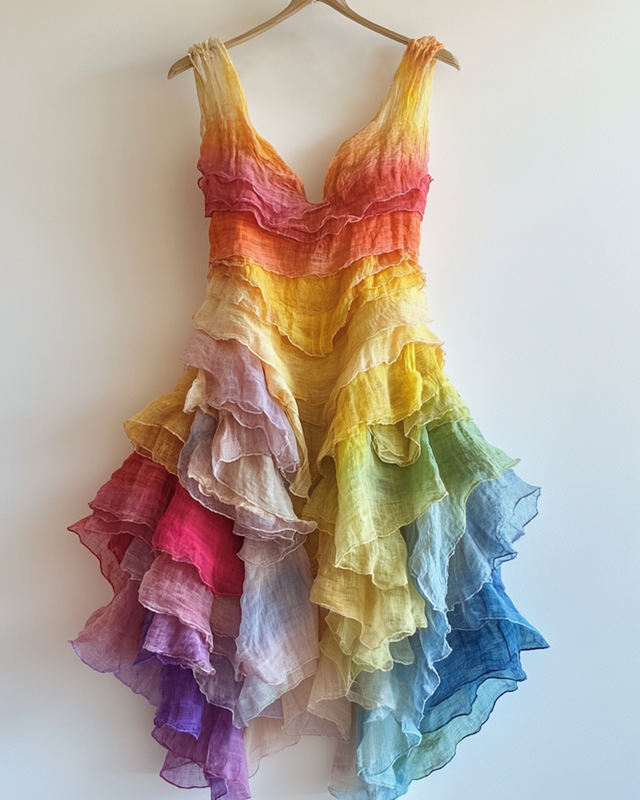 Rainbow Gradient Ruffle Sleeveless Dress Be7a