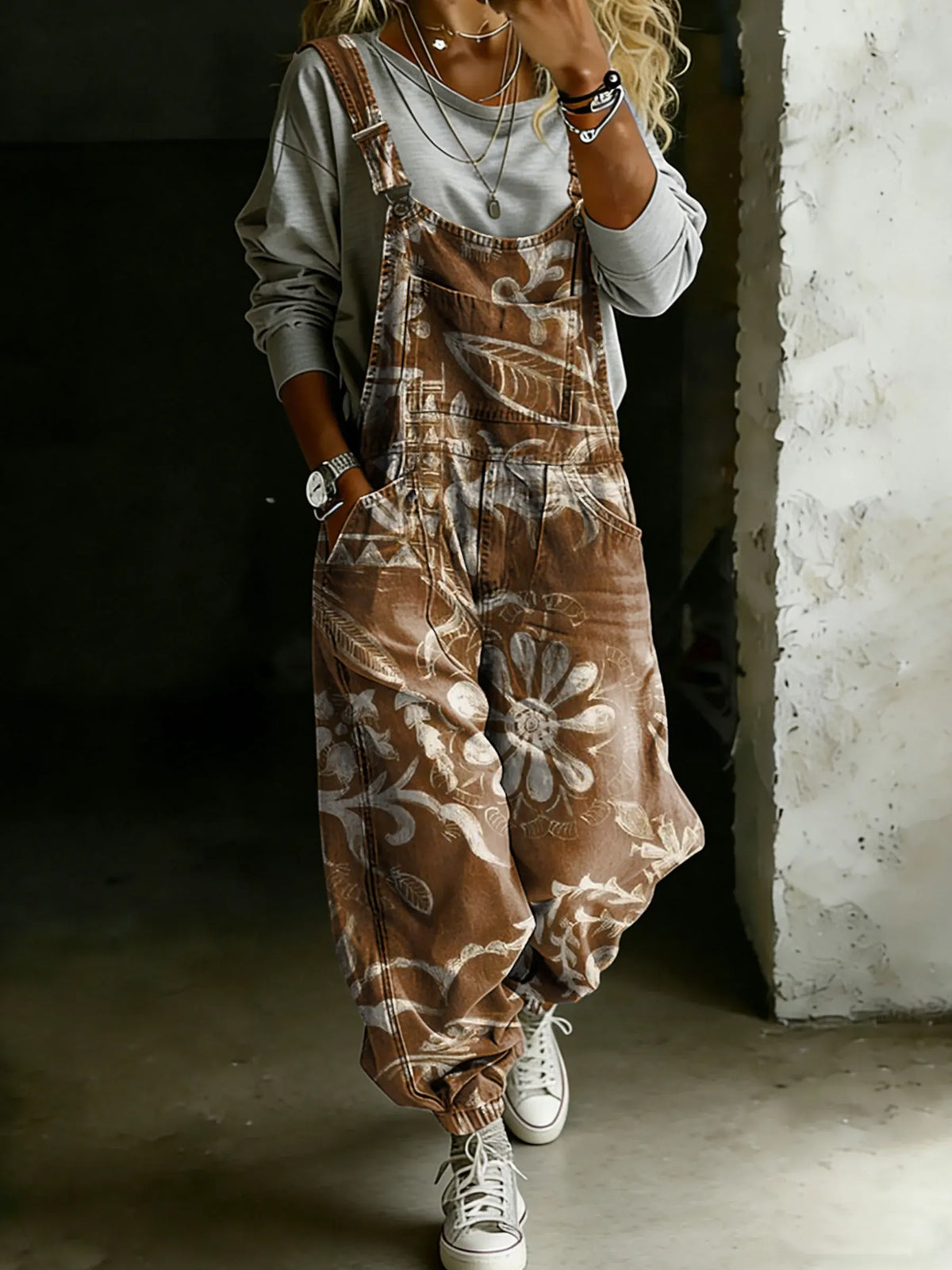 Vintage Ethnic Floral Art Print Casual One Piece Denim Jumpsuit