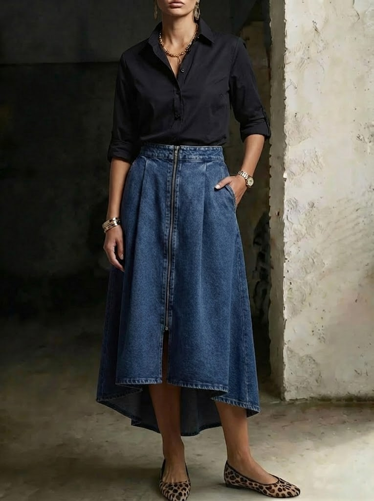 Fashion Elegant Zippered Irregular Hem Denim Skirt