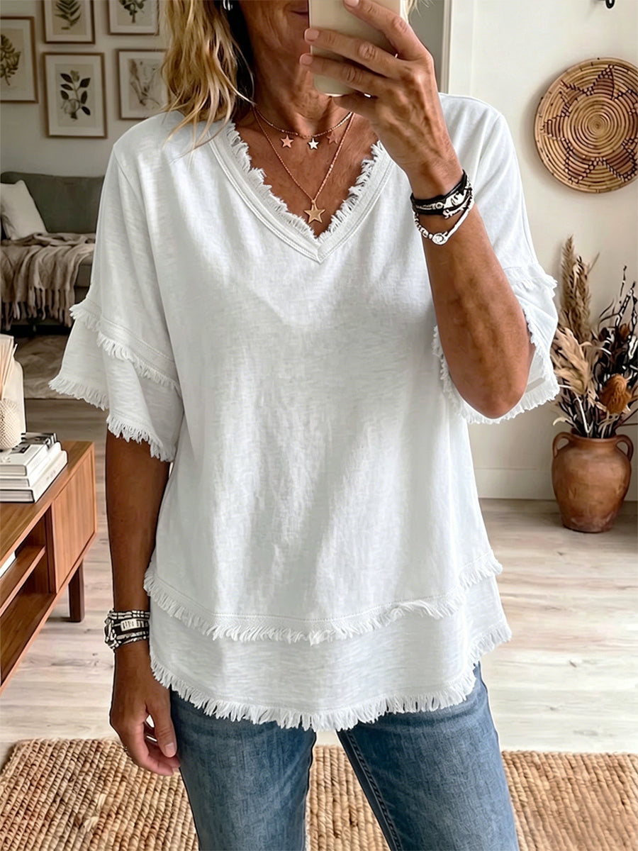 Casual Short-Sleeve Raw-Hem Linen-Blend Top