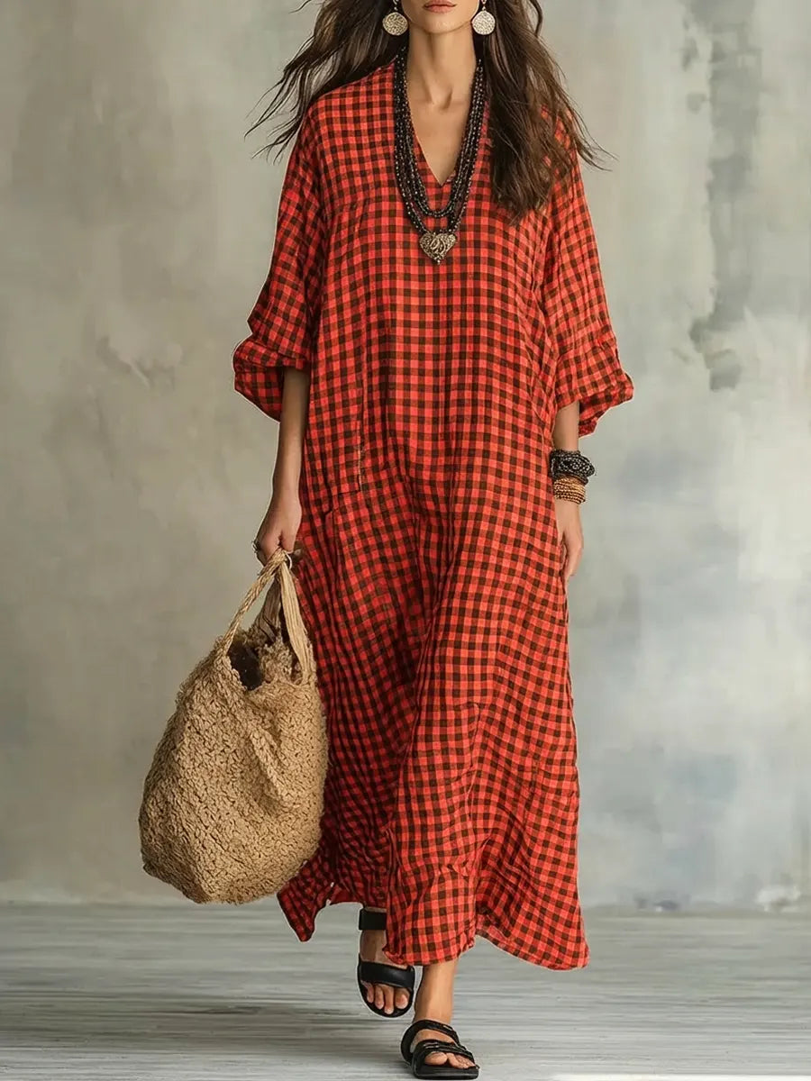 Retro Plaid Art Casual Stylish Cotton Linen Maxi Dress