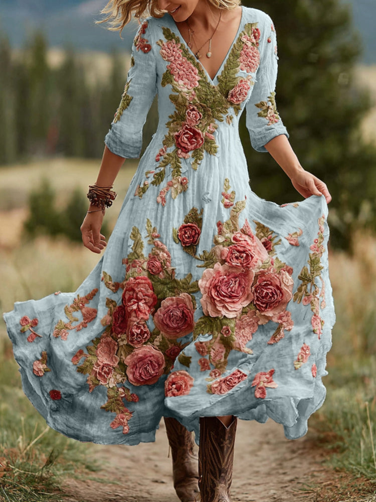 Vintage Rose Floral Art V-Neck Linen Blend Comfy Maxi Dress
