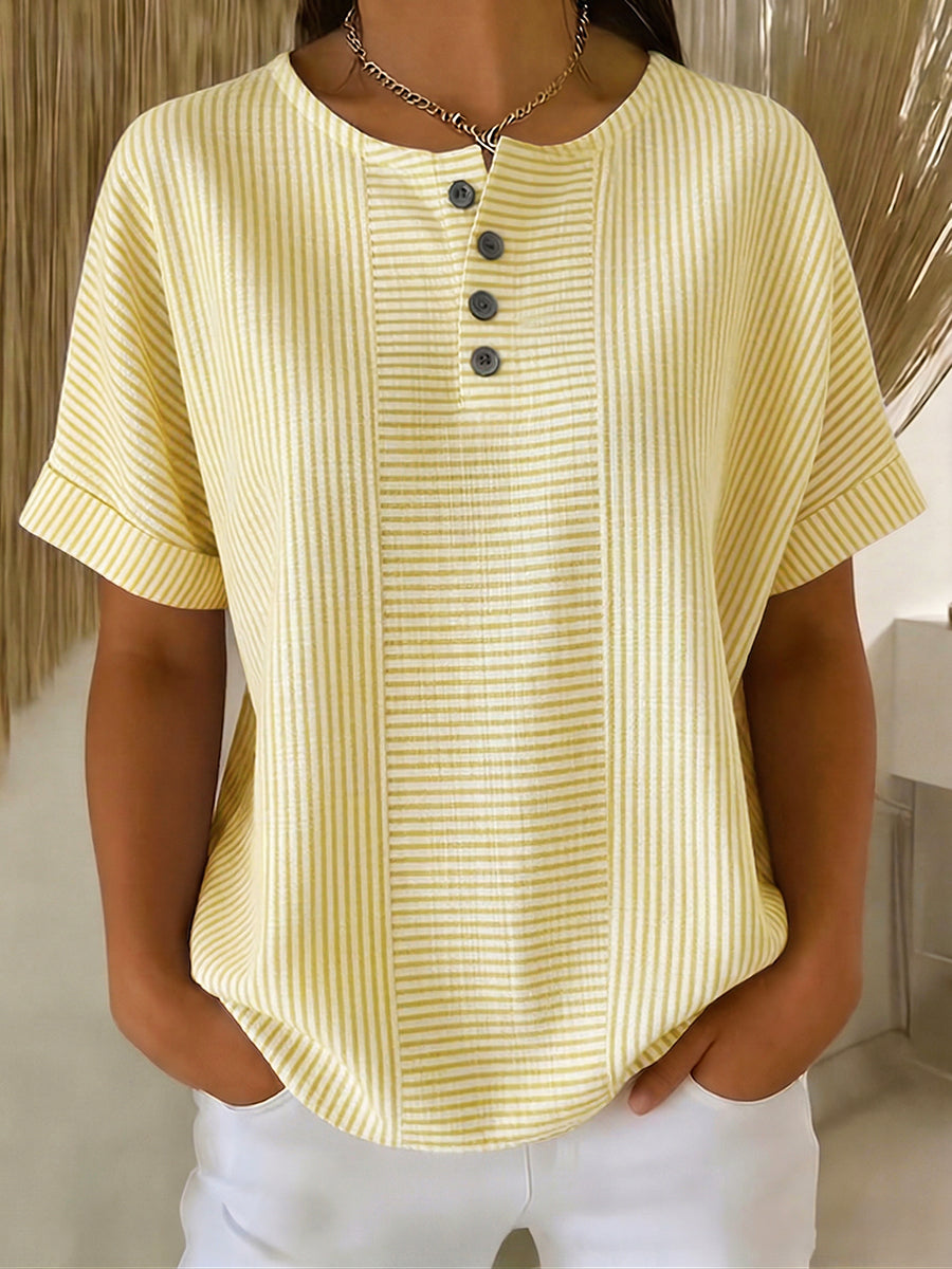 Artistic Cut Striped Cotton-Linen Shirt Blouse