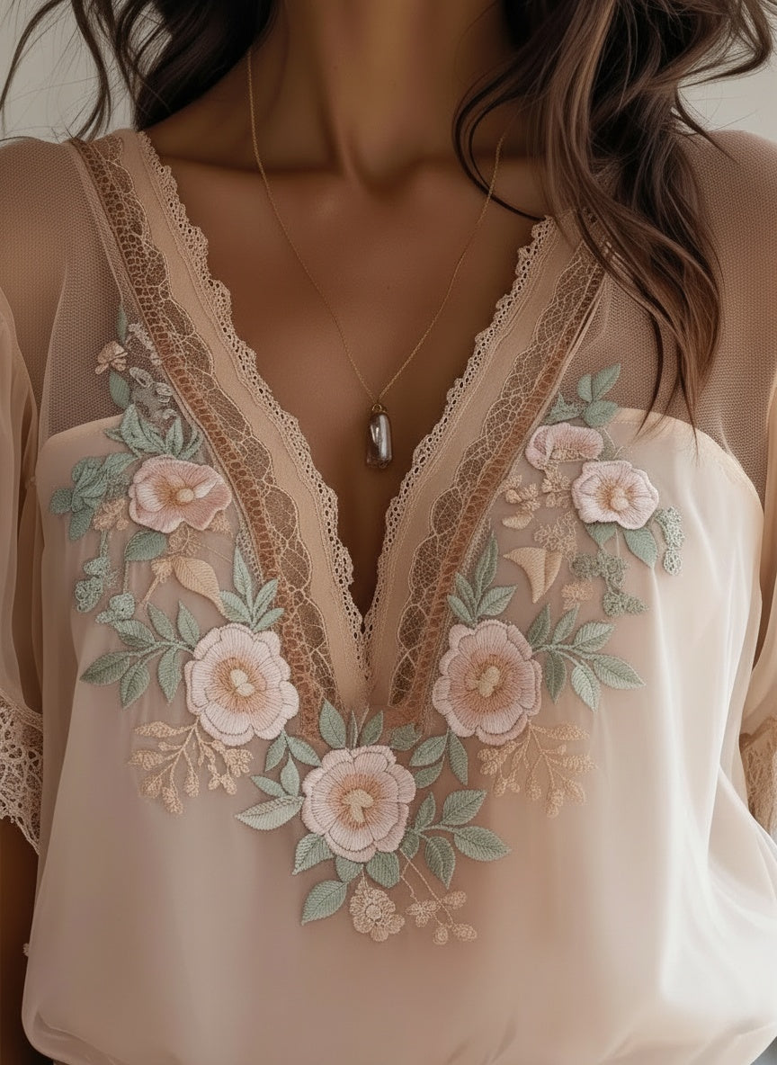 Elegant Floral Embroidered Sheer Lace Blouse with V-Neck Puff Sleeve Top