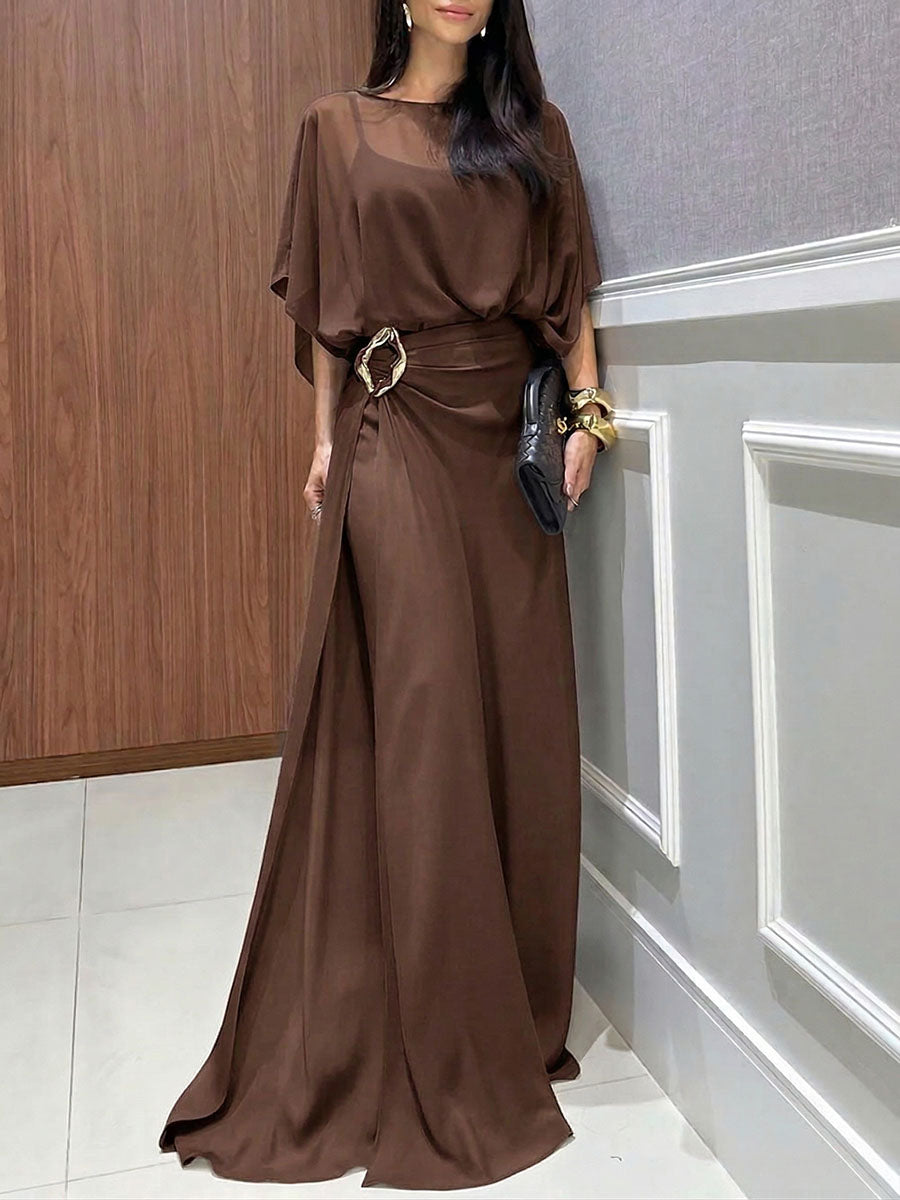 Round-Neck 3/4-Sleeve Casual Loose Chiffon Top and High-Waisted Wide-Leg Pants Set