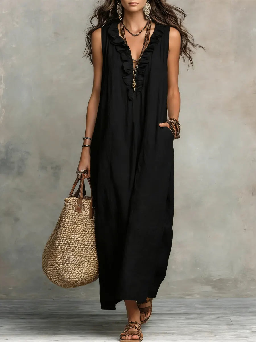 Solid Color Ruffled Art Casual Fashion Cozy Cotton Linen Dress
