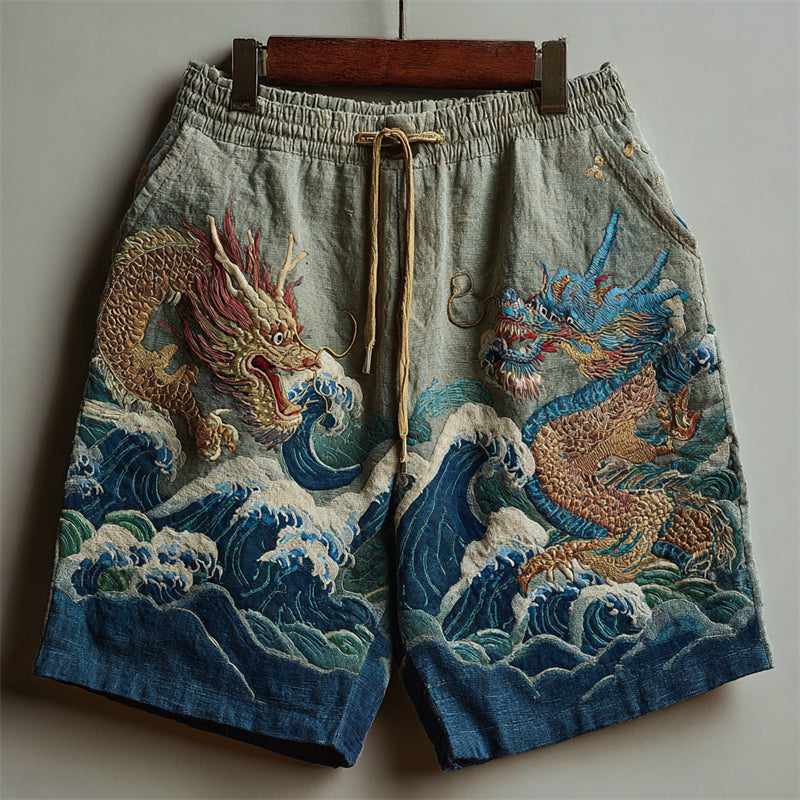 Japanese Dragons and Sea Waves Embroidered Linen Shorts
