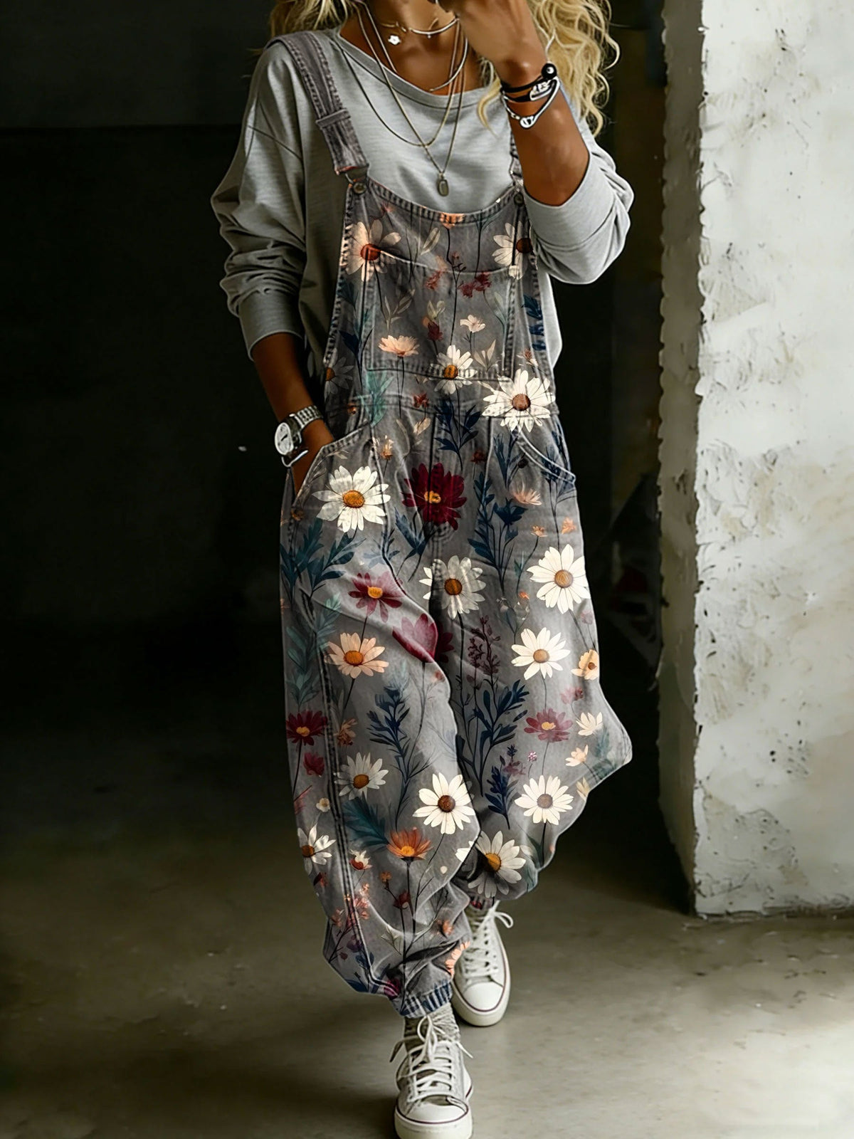 Vintage Flower Print Casual One Piece Denim Jumpsuit