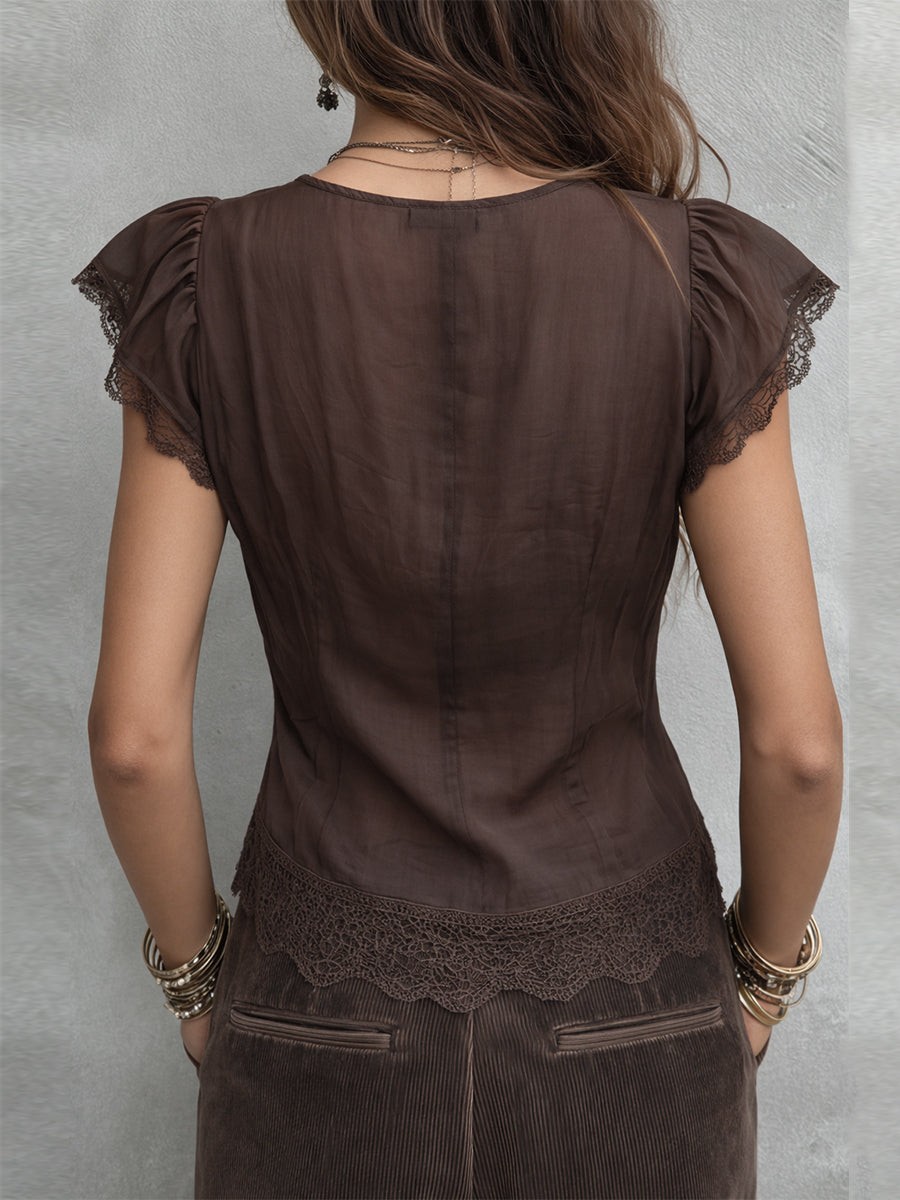 Vintage Tencel V-Neck Blouse with Lace Trim