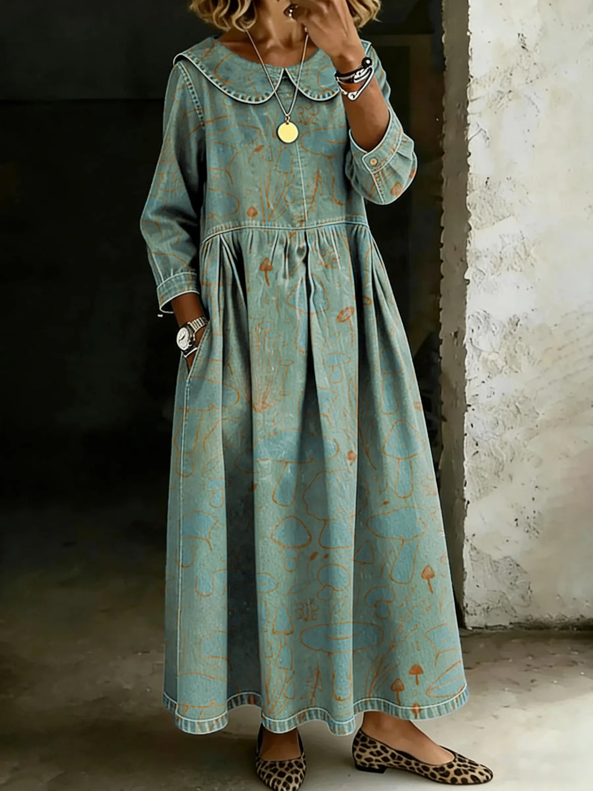 Retro Splicing Long-Sleeved Loose-Fitting Casual Denim Dress
