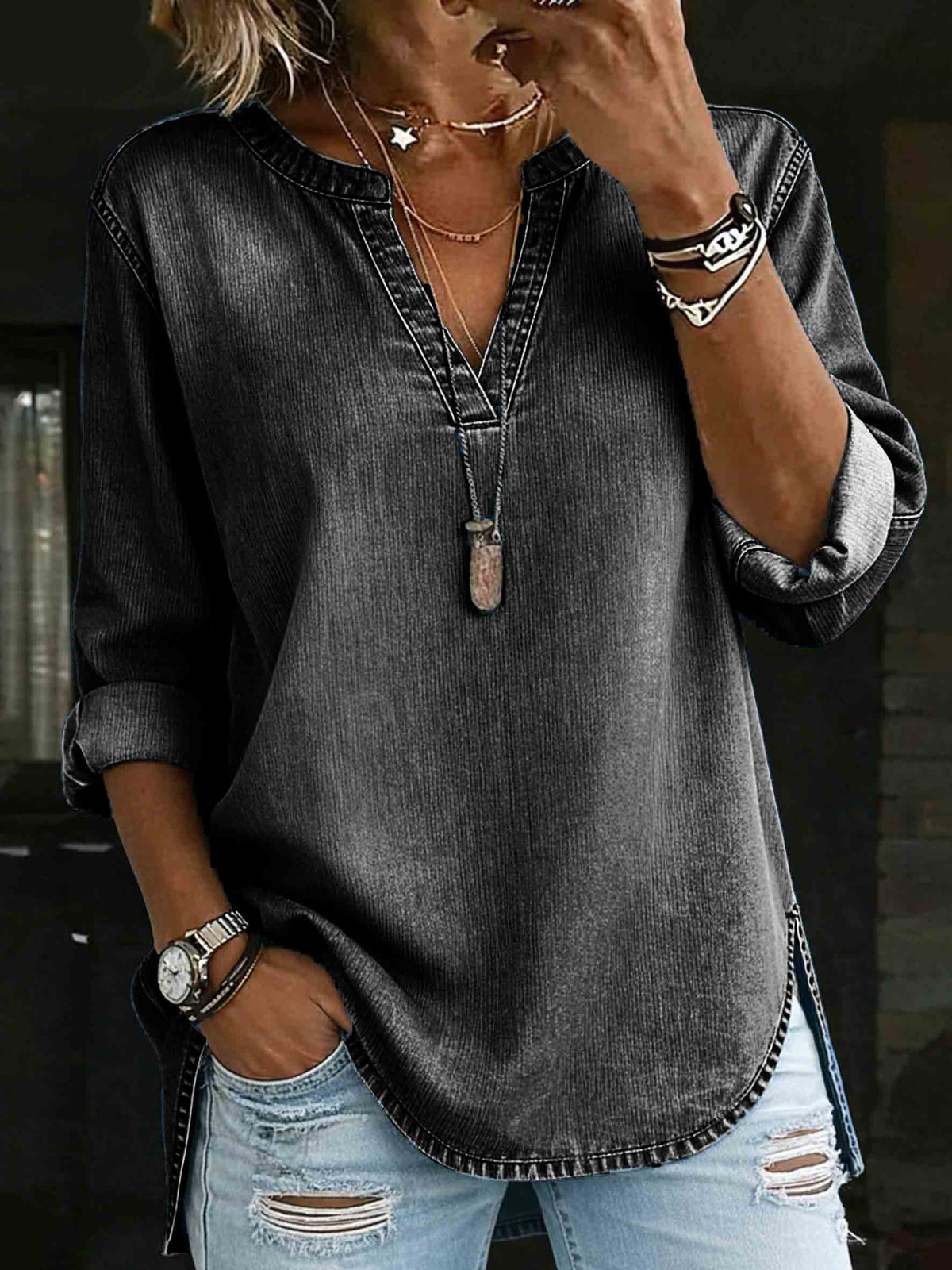 Denim V-Neck Henley Long-Sleeved Shirt