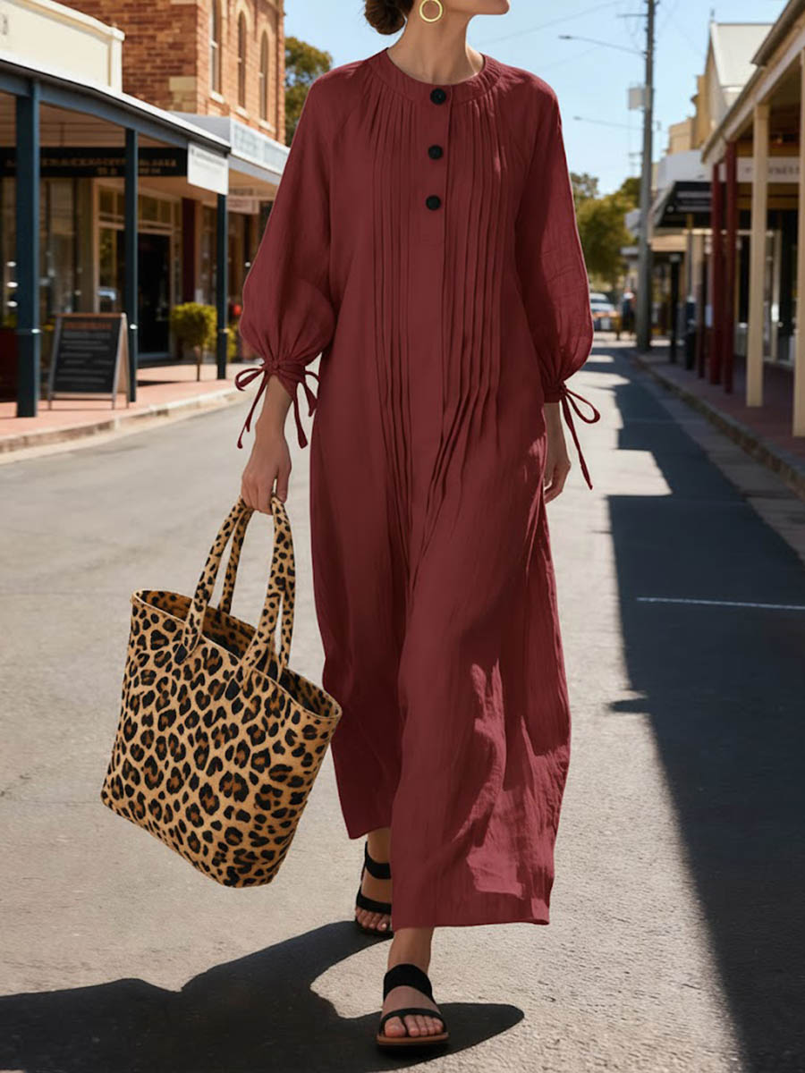 Solid Color Round Neck Long-Sleeved Casual Loose Pleated Cotton and Linen Dress