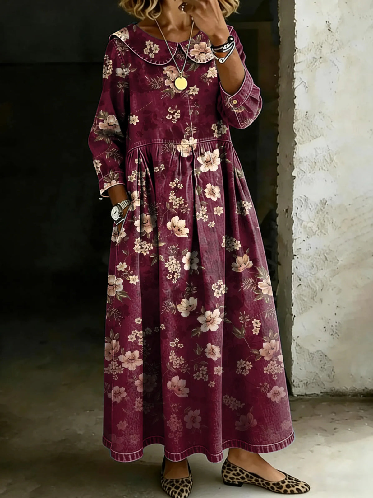 Retro Floral Art Splicing Long-Sleeved Loose-Fitting Casual Denim Dress