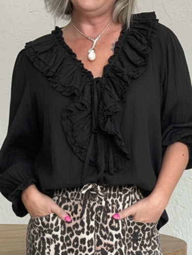Romantic V-Neck Ruffled Linen-Cotton Blouse