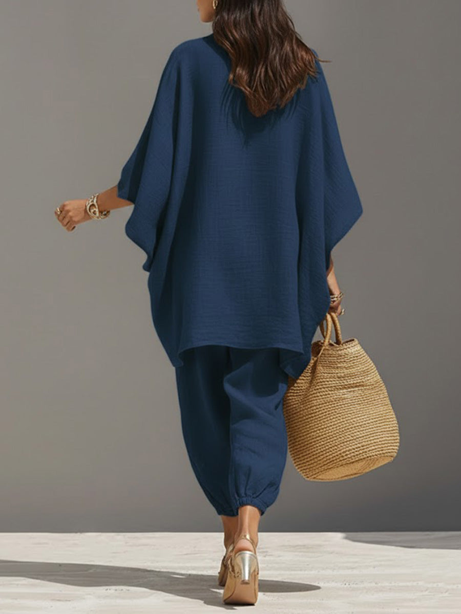 Solid Color V-Neck Long-Sleeve Casual Loose Cotton Linen Top with Elastic Waist and Wide-Leg Pants Set
