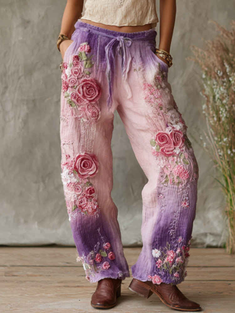 Love and Health Collection Retro Western Women Style Vintage Rose and Floral Patchwork Art Linen Pants
