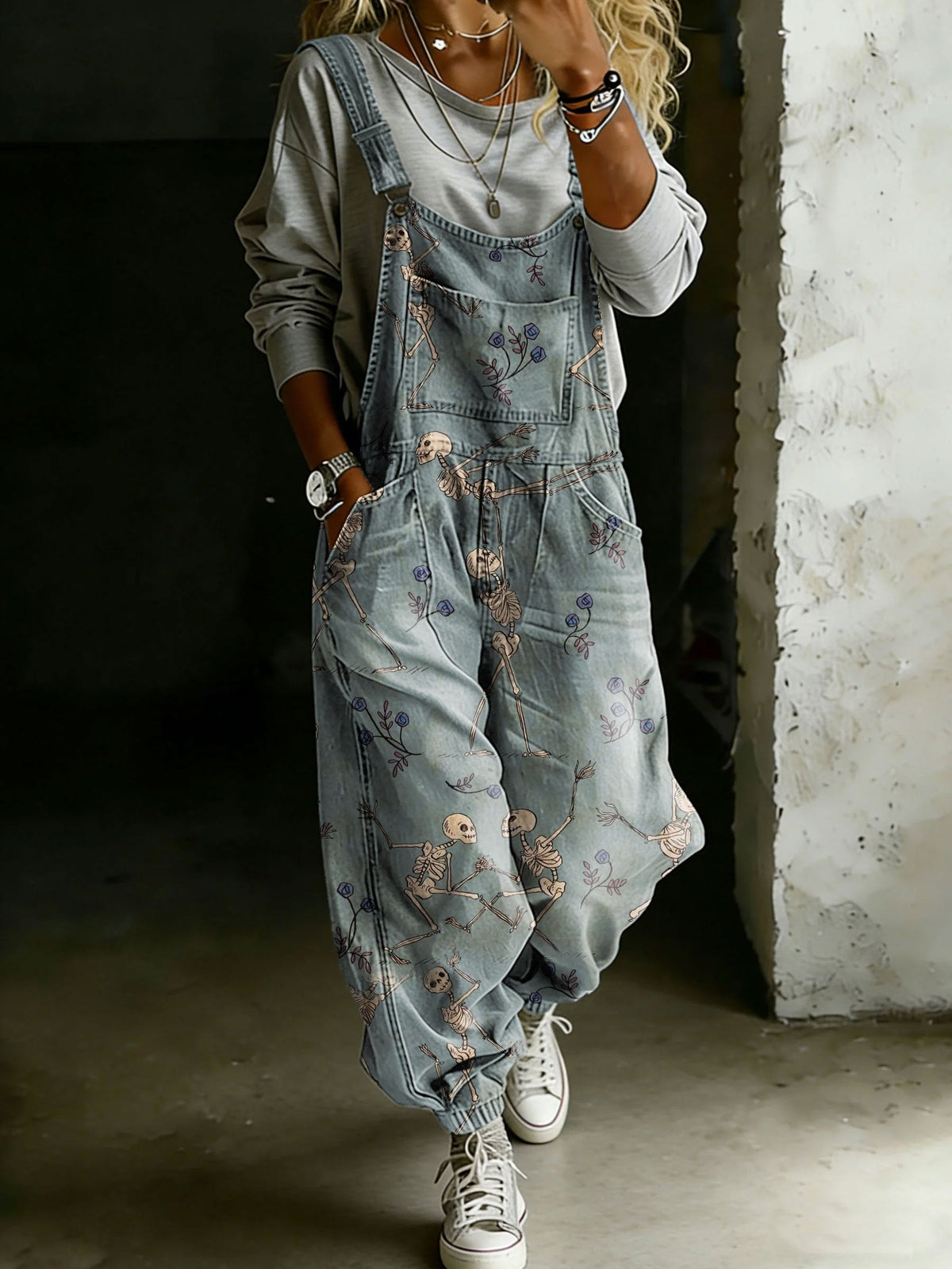 Skull Yoga Print Casual One Piece Denim Jumpsuit