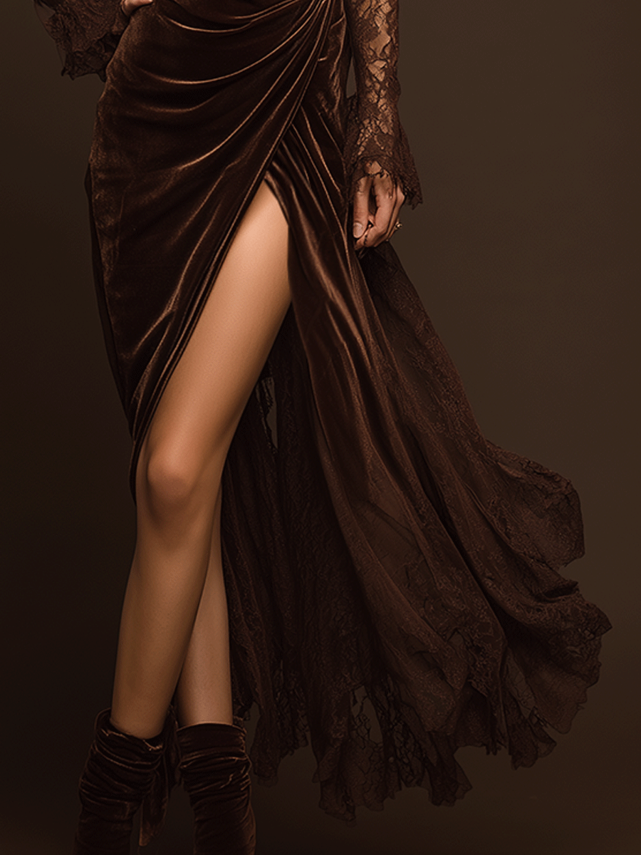 Elegant Lace-Sleeve Slit Gown Velvet Maxi Dress