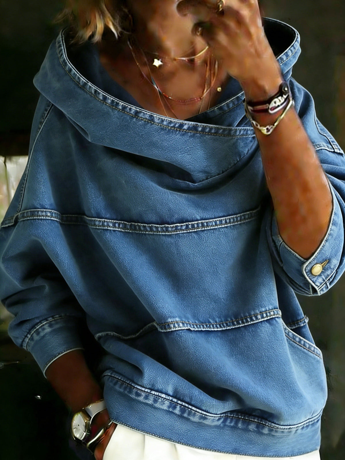 Casual Stylish Long-Sleeve Poket Denim Hoodie