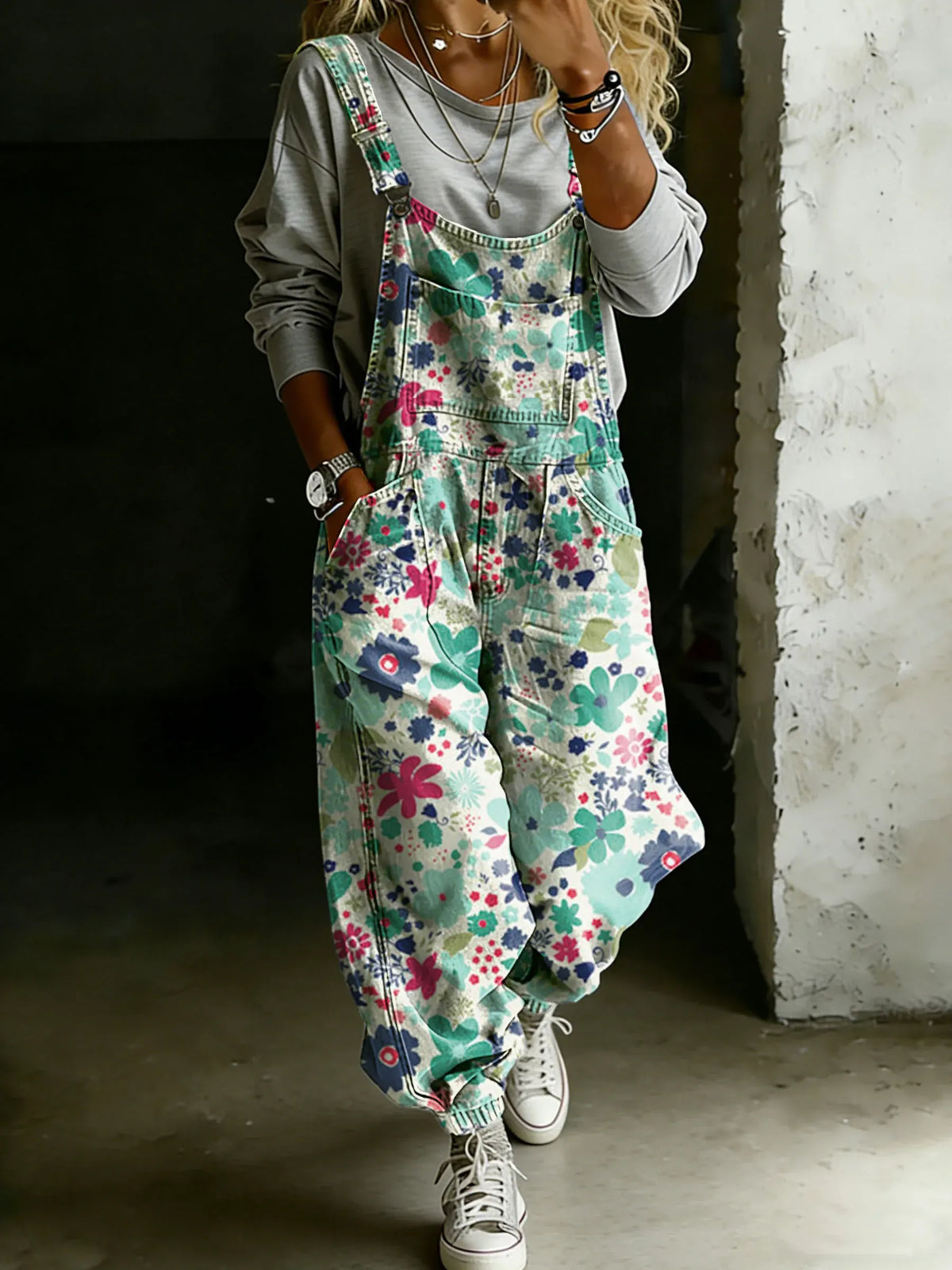 Vintage Floral Art Print Casual One Piece Denim Jumpsuit