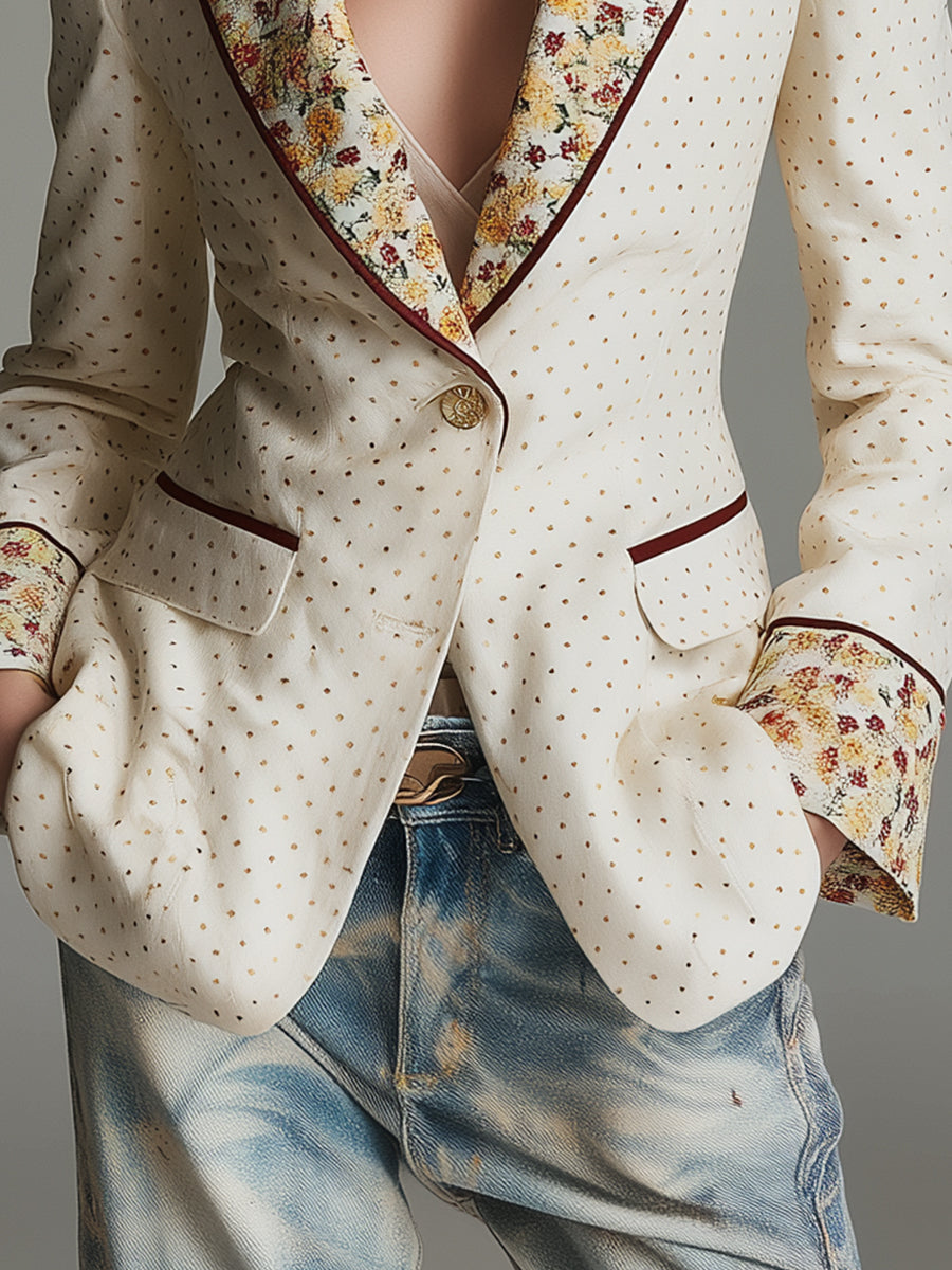 Retro Polka Dot Floral Print Lapel Slim-Fit Blazer