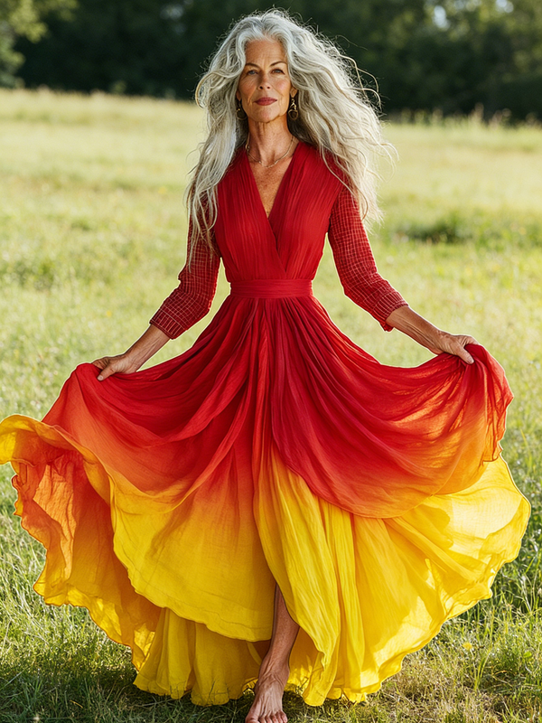 Embroidered Retro Loose Embroidered Printed Contrast Color Dress7159