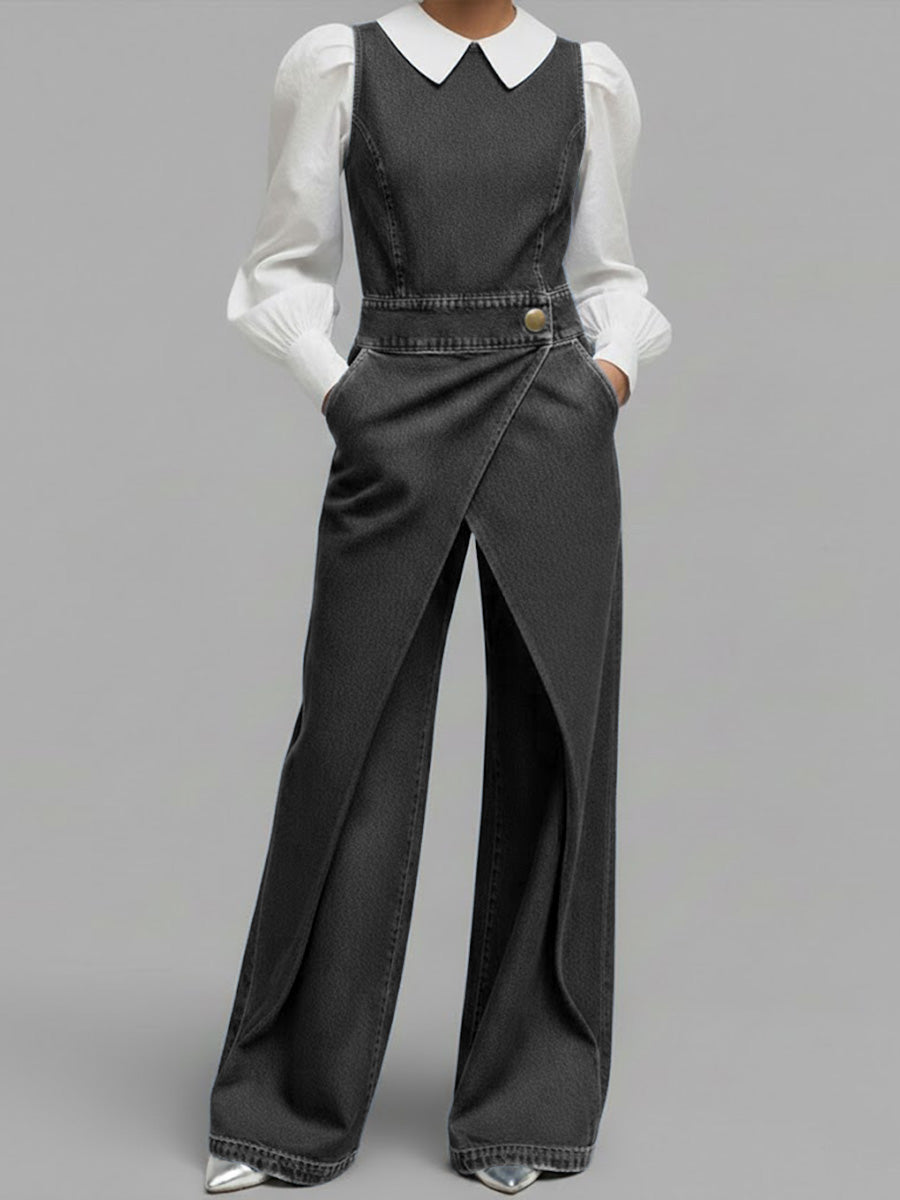 Round Neck Sleeveless Casual Loose Denim Wide-Leg Jumpsuit