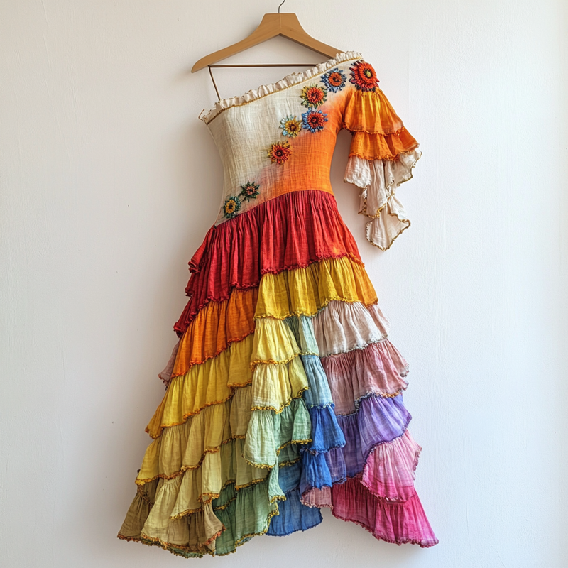 Rainbow Stitching Floral Embroidery Ruffle Dress F3f7