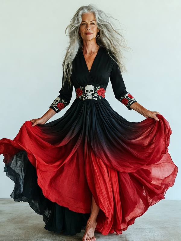 Embroidered Retro Loose Embroidered Printed Contrast Color Dress1601