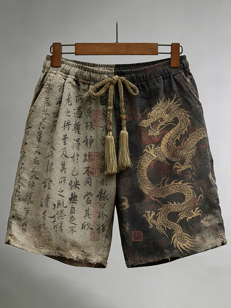 Men's Calligraphy with Dragon Art Pattern Linen Blend Casual Shorts