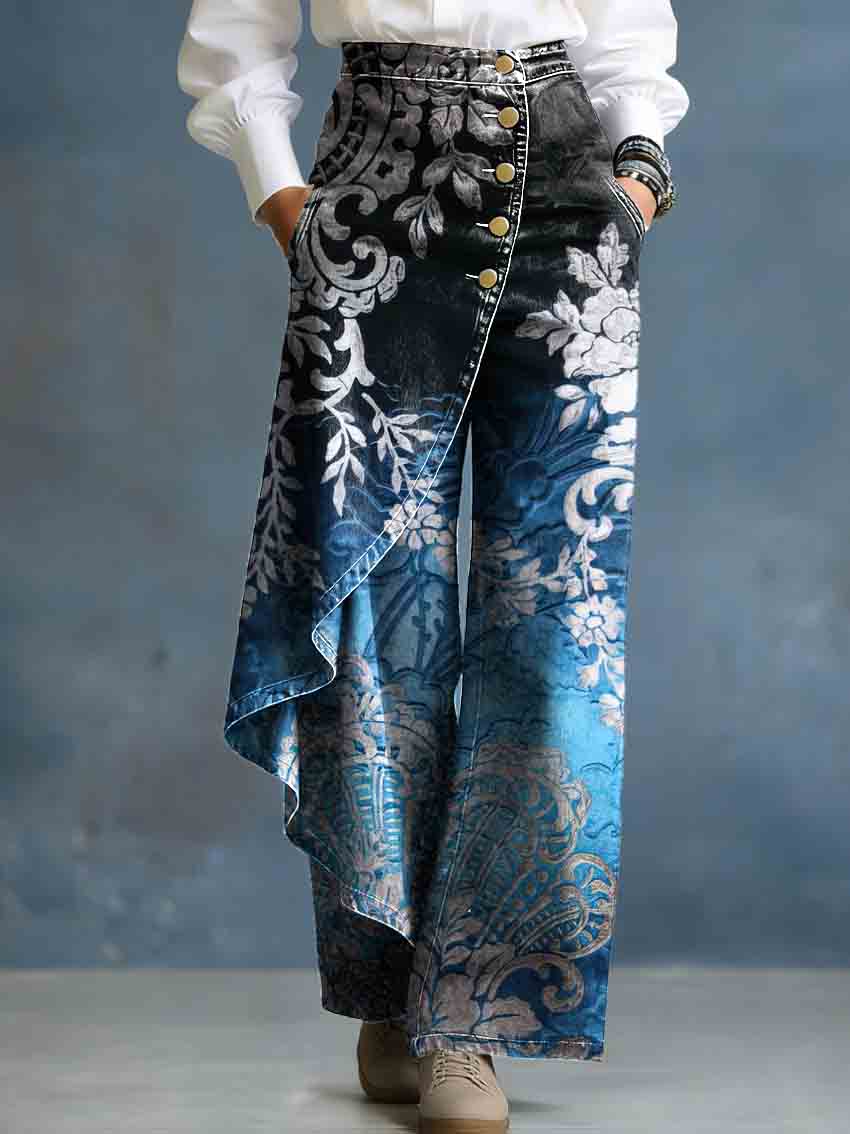 Vintage Blue Gradient Floral Print Stylish Design High-Waisted Relaxed Fit Wide-Leg Jeans