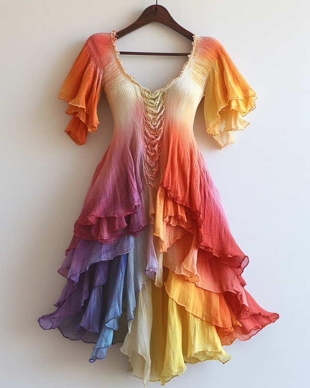 Rainbow Tie-Dye Ruffle Short-Sleeve Chiffon Dress 8f52