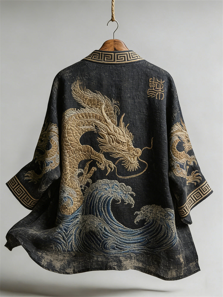 Japanese Dragons and Sea Waves Art Flowy Linen Kimono
