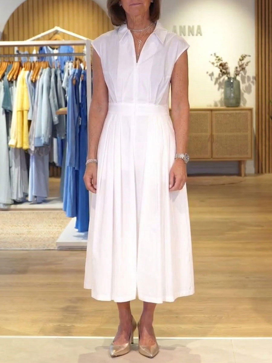 Solid-Color Shirt-Collar Sleeveless Loose-Fit Casual Cotton Dress