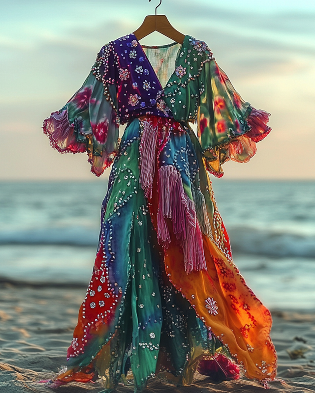 Summer Vacation Colorful Floral Sequins Beaded Ruffle Dress Dae3