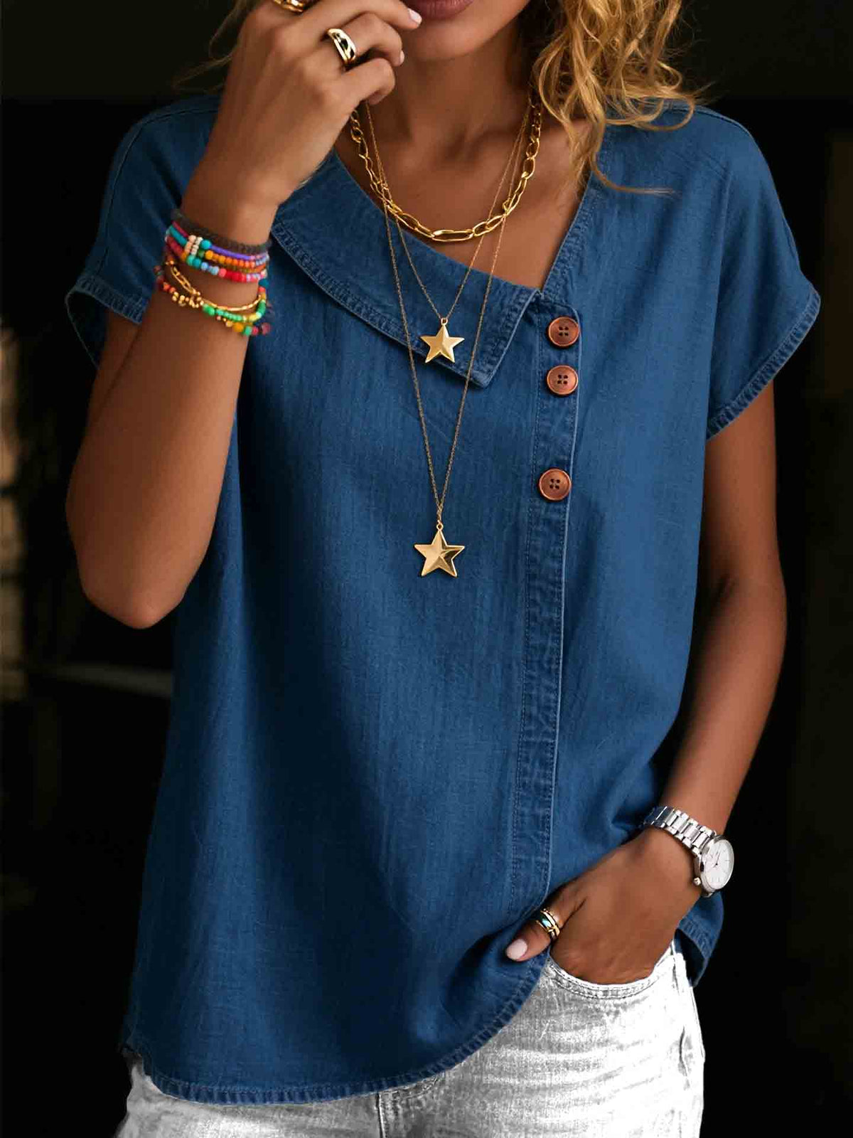 Asymmetrical Neckline Button-Up Denim Top