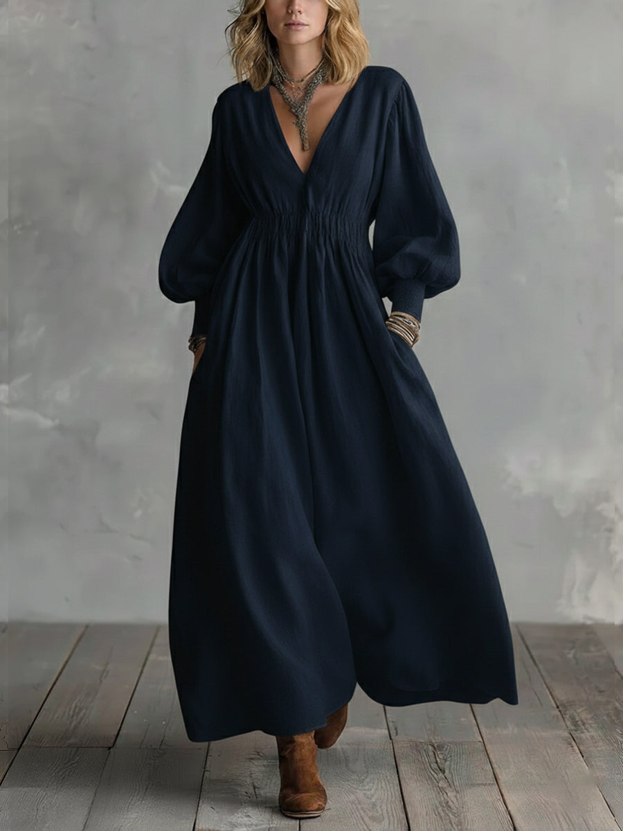 Waist-Elastic Linen and Cotton Lantern-Sleeved Dress