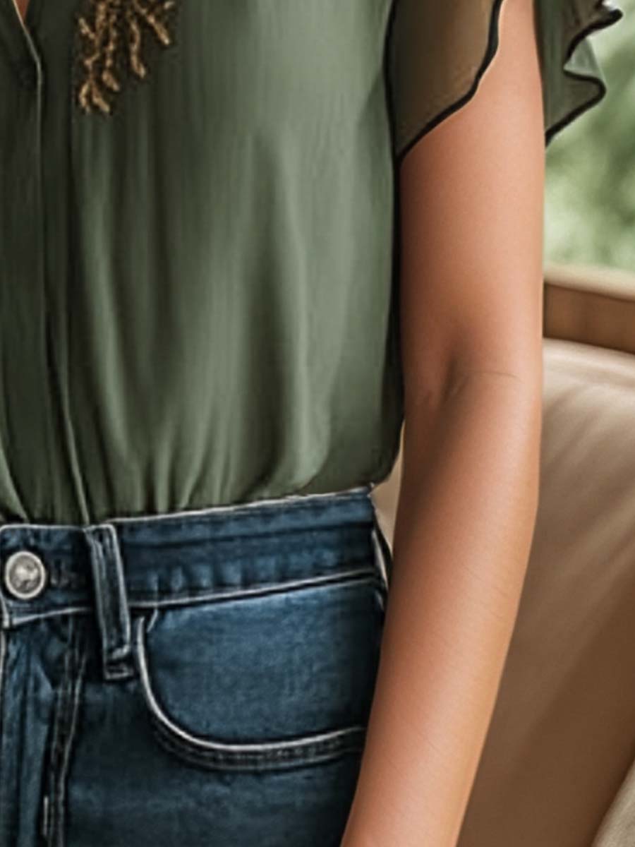 Vintage Embroidered Chiffon Short-Sleeve Shirt
