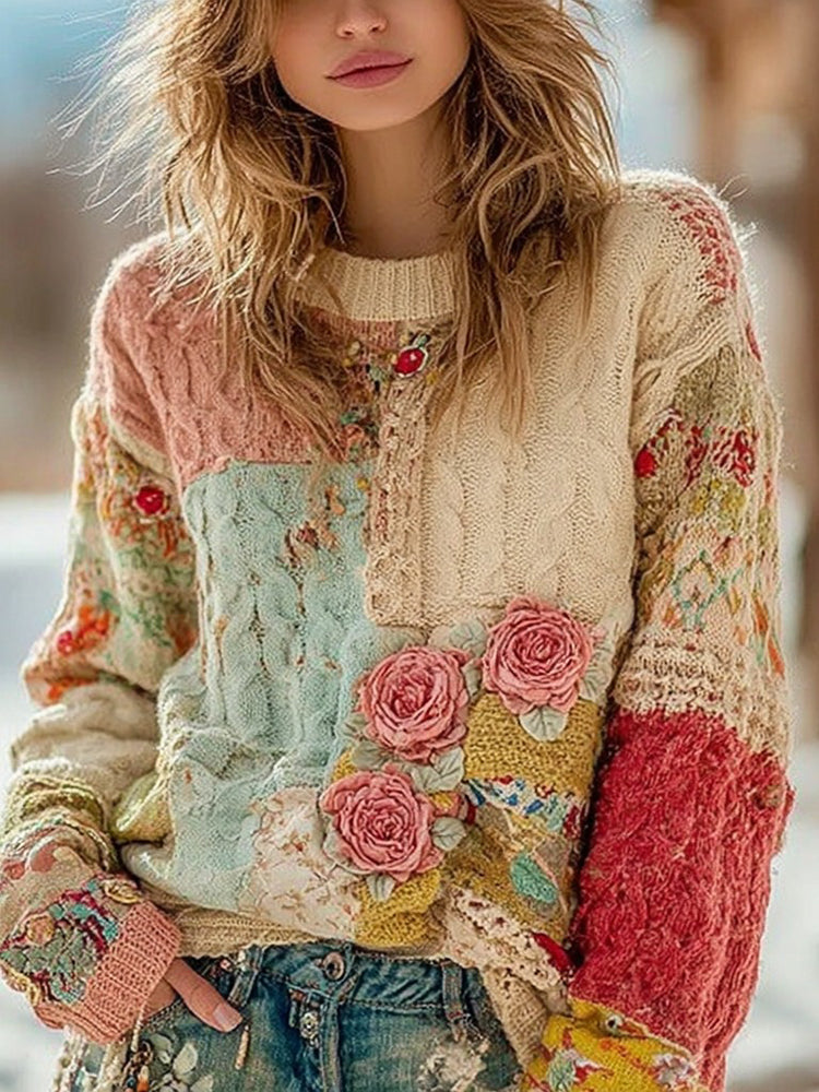Vintage Chunky Needle Rose Floral Stitching Warm Crew Neck Sweater