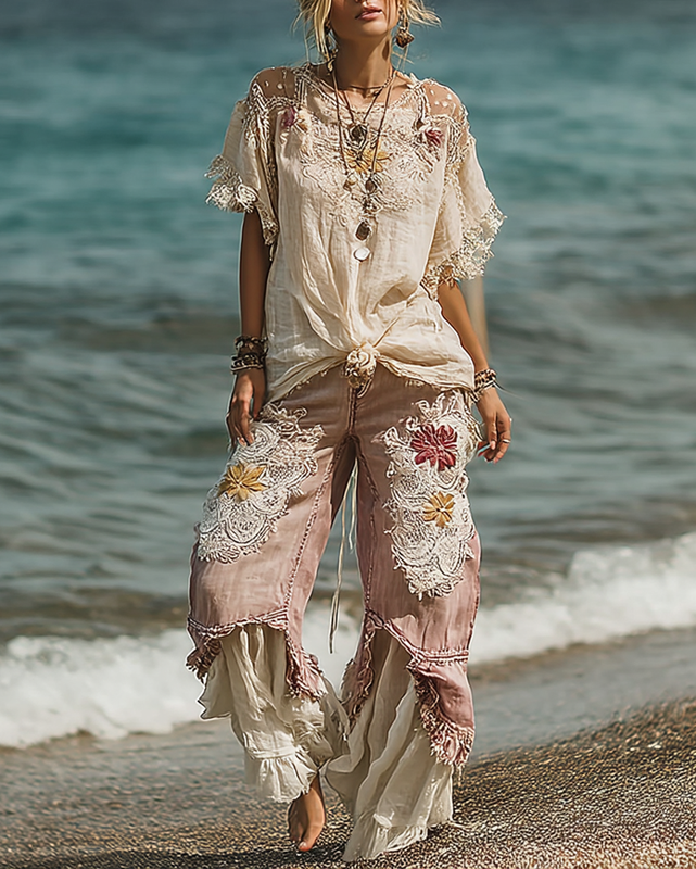 Summer Vacation Floral Embroidered Lace Pants and Top Two-Piece Set 22d8