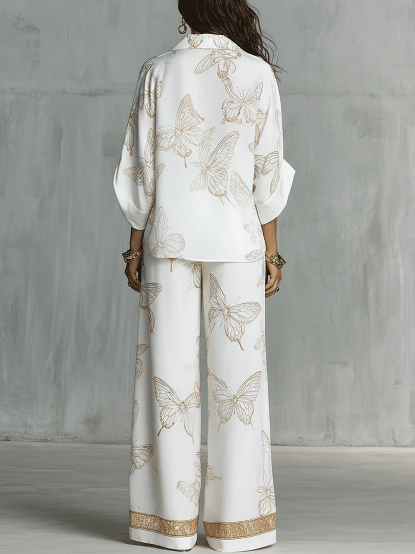 Casual Elegant Gold Butterfly Print Loose Two-Piece Set