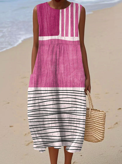 Vintage Abstract Geometry Art Print Sleeveless Cotton Pocket Wrap Dress