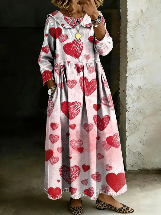 Retro Multicolor Love Splicing Long-Sleeved Loose-Fitting Casual Denim Dress