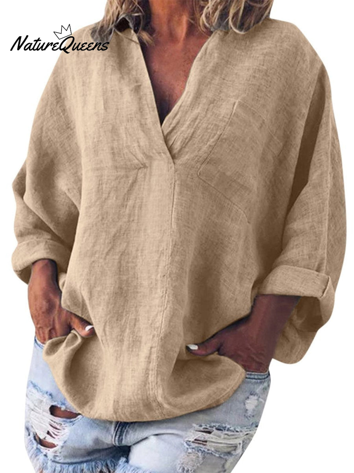 Cotton and Linen V-Neck Long-Sleeved Pullover Top