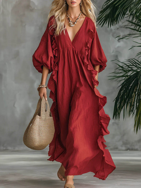 Solid Color V-Neck 3/4-Sleeve Casual Loose Cotton and Linen Dress