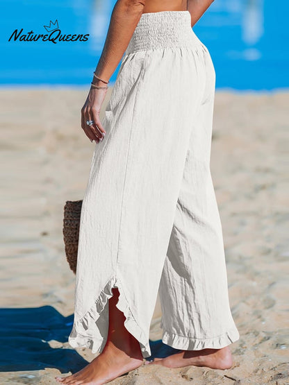 High-Waist Pleated Irregular Hem Cotton and Linen Loose Casual Pants