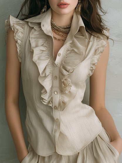 Retro Ruffled Sleeveless Blouse and Shorts Set