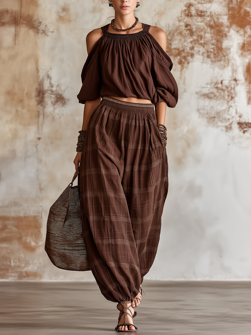 Chocolate Brown Plaid Cold-Shoulder Top and Harem Pants Loungewear Set