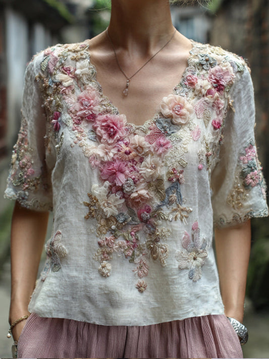 Bohemian Style Pink and White Small Flower Three-Dimensional Embroidery Sequin Casual Vintage White V-Neck Short-Sleeved Shirt