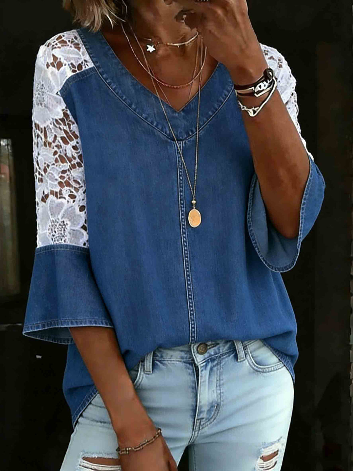 Denim V-Neck Ruffle-Sleeved Shirt White Lace Sleeves